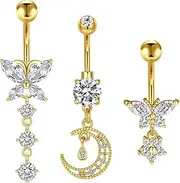 [MODRSA] Belly Button Ring Dangle Belly Button Rings Dangling Belly Ring Dangly Belly Piercing Surgical Steel Belly Button Piercing Butterfly Silver Gold Belly Button Rings for Women