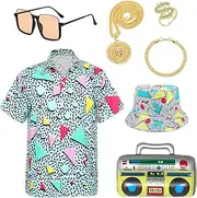 Joyesplay 80s 90s Costume Retro T-Shirts Set for Men 80s 90s Hawaiian shirts Men with Accessories,Hip-Hop T-Shirts for Disco,80s 90sTheme Party Carnival Costumes