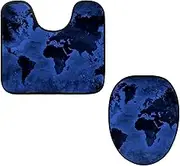 Toilet Lid Cover and U-Shaped Toilet Floor Mat Set of 2 Pieces, Dark Blue World Map Toilet Mat Set, Machine Washable Seat Covers Non-Slip Absorbent Rugs