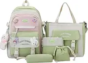 [Gmokluytw] Backpack Set – Cute School Bag for Girls | Canvas Aesthetic Bookbag | 5PCS Large Capacity Shoulder Bag, Drawstring, Pencil Case, Teen Back-to-School Supplies, Reinforced Stitching