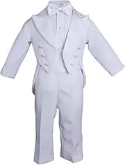 [Little Things Mean A Lot] Baby Boys Formal White Poly Cotton 5 Piece Classic Tux Set with Tail