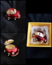 GLITTERY RED Volkswagen Bug Trinket Box Hing Rhinestone Jeweled Enamel Ring Box