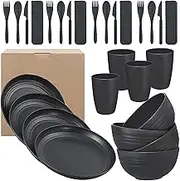 28 Pieces Bowl Set Tablewares, Black Wheat Straw Dinnerware Sets, Lightweight Degradable Dinner Plates Set,Bowls, Cups, Tablewares Set, Dishwasher Safe Dinnerware Set