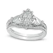 0.33 CT. T.W. Natural Diamond Frame Claddagh Bridal Engagement Ring Set in Solid 10K White Gold
