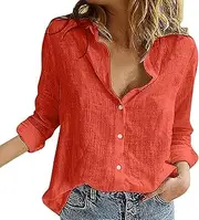[Generic] Womens V Neck Roll up Long Sleeve Button Down Linen Shirts Blouses Roll Up Casual Work Plain Solid Tops