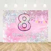 AIBIIN 7x5ft Pink Happy 8th Birthday Backdrop for Girls Pink Flash White Sequins Decorations Birthday Banner for Photography Girls Birthday Party Decorations Background Supplies Photo Booth Props