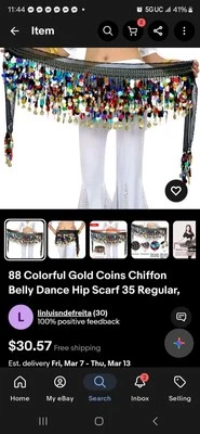 88 Colorful Gold Coins Chiffon Belly Dance Hip Scarf 35 Regular,