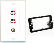 RiteAV 2 Port Speaker Wire Plug Jack Wall Plate+RCA for Subwoofer Bracket White