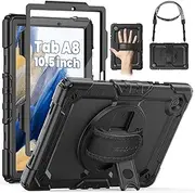SEYMAC Samsung Galaxy Tab A8 Case 10.5 Inch (SM-X200/ X205/ X207), Heavy Duty Full-Body Shockproof Protective Case with Screen Protector, Rotating Stand, Hand/Shoulder Strap and Pen Holder, Black