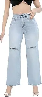 [JEShifangjiusu] Womens Ripped Retro Denim Pants Wide Leg Mid Waist Jeans Casual Streetwear Trousers, Light Blue, M