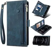 TiHen Compatible for Case iPhone X,Leather Zipper Wallet Case Card Slots Magnetic Shockproof Stand,Strap+Tempered Glass Screen Protector*2-Blue