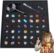 Gemstone Collection - Gemstones & Crystals Kit - Gem Stones & Identification Book Display Case Rock and Mineral Collection for STEM Science Education Pochy