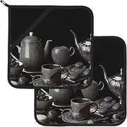 2 Pack Pot Holders for Kitchen Heat Resistant Potholders Black Afternoon Tea Pot Holders Set Washable Hot Pads with Loop Non Slip Potholders for Cooking Baking BBQ Microwave 8 x 8 Inch