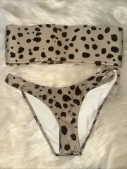 Triangl Kaya Bandeau Strapless Bikini Cheetah Printed Tan Black Swimsuit Set