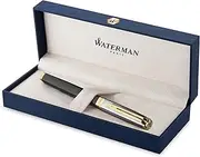 Waterman Exception Fountain Pen | Metal & Black Lacquer with Gold trim & Chiselled cap | 18K Gold Medium Nib | Blue Ink | Gift Box