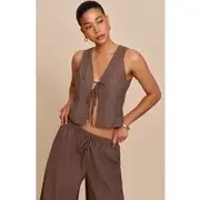 Brown Pinstriped Tie Front Top, Brown