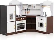 Honey Joy Toddler Kitchen Playset, Corner Play Kitchen with Ice Maker, Microwave, Oven, Sink, Washing Machine, Towel Rack & Sweet Accessories, Wooden Toy Kitchen for Kids 3+, Excluded Battery