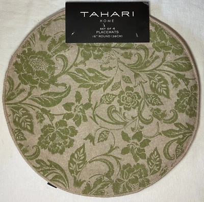 TAHARI HOME Placemats 15 INCH ROUND FLORAL GREEN METALLIC NIP