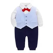 [famuka] Baby Boy Formal Suit Gentleman Romper and Stripe Vest Two Pieces Wedding Tuxedo Outfit