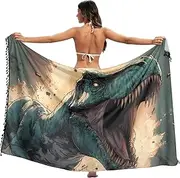 [XYMZR] Women's Sarong Swimsuit Coverups Dinosaur Roar Scary Chiffon Bikini Wraps Skirt with Tassels L