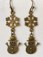 Sweet Bronze Snowman with Snowflake Dangle Earrings. Holidays. Christmas Festive