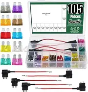 Keadic 105-Pack 12V Add-A-Circuit Fuse Adapter Assorted Standard Blade Fuse TAP ATM APM Blade Fuses Car Boat Truck Replacement Fuses Holders Kit - 2/3/5/7.5/10/15/20/25/30/35 Amp（Medium）