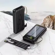Black 10000mAh Solar Power Bank Portable Charger Built-in Cables LED Display Universal
