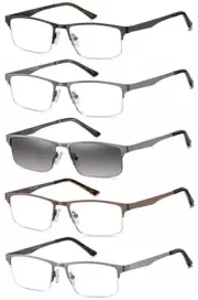 5-Pack Reading Glasses Men Metal Half Frame Spring Hinges Rectangular Style M...