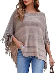 [JUNBOON] Women's Knitted Shawl Poncho Fringed Striped Open Front Cardigan Sweater Pullover Cape