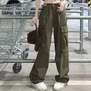 High Waist Cargo Loose-Fit Baggy Pants Army Green - L