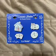 (3) La MODE CERAMIC STUDIO SUSAN GOWER KITTY CAT 2-HOLE BUTTONS NOS CARD-1402