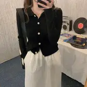 Collar Plain Ribbed Knit Top Black - M