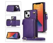 For iPhone 13 Mini Case with Lanyard Zipper Wallet Cover - Purple