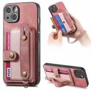 For iPhone 15 Card Holder Design PU Leather+TPU Phone Case Stand Phone Back Cover with Hand Strap