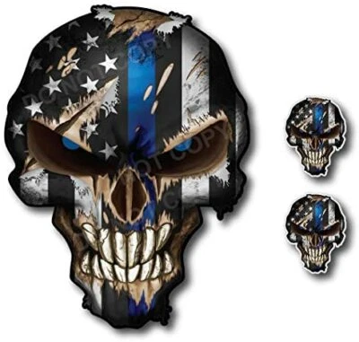 3 Thin Blue Line Skull Decal Window Sticker Car Truck Auto Police Officer Cop