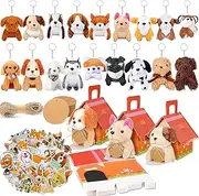 Spakon 88 Pcs Curly Dog Party Favors for Boys and Girls Includes 18 Set Mini Puppy Stuffed Animals Plush Keychains Party Gift Box House Sticker Adopt a Puppy Favors for Dog Birthday Party Favors