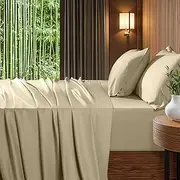 Shilucheng Extra Deep Pocket Queen Sheets, Blend Rayon Derived from Bamboo_, Cooling & Breathable Bed Sheets Fits 18"-24" Thick Mattress, Hotel Silky Bedding Set, Beige