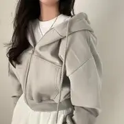 Plain Zip-Up Crop Hoodie Light Gray - One Size