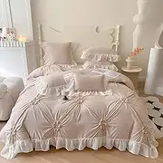 IHOUSTRIY Khaki Duvet Cover Twin Size - Pintuck Twin Duvet Cover Set Flower, 2 Piece Girls' Ruffle Bedding with Zipper Closure, 1 Pinch Pleated Duvet Cover 66x90 inches and 1 Pillow Sham