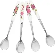 LOPUNER 4pcs Stainless Steel Dessert Spoon with Ceramic Handle for Coffee Ice and Honey Mixing Long for Home and Restaurant Use