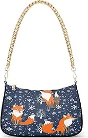 [RPLIFE] Orange Foxes Snowflakes Dark Blue Small Handbag, Small Trendy Purse, Orange Foxes Snowflakes Dark Blue, One Size