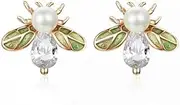 [Generic] Crystal Queen Bee Stud Earrings for Women Glittering Green Enamel Wing Ear Studs Pearl Jewelry