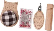Vaveren Cute Pin Cushion with Pins Needlework Small Portable Wood Needle Threader Anti Lost Quilting DIY Sewing Craft Needle Holder, Owl Shaped