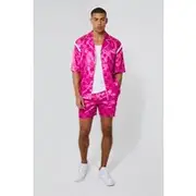 Mens Pink Short Sleeve Revere Checker Board Satin Short Set