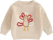 [Nibbcoa] Kids Toddler Thanksgiving Sweater Boys Girls Gobble Turkey Embroidery Long Sleeve Knit Sweatshirt Pullover Sweaters