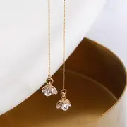 925 Sterling Silver Flower Drop Rhinestone Threader Earring Gold - One Piece