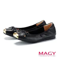 在飛比找momo購物網優惠-【MAGY】真皮蝴蝶結金屬鞋頭平底鞋(黑色)