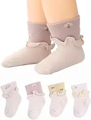 [IYOU] 4 Pairs Toddler Crew Socks Baby Ruffle Socks Comfortable Cotton Ankle Socks 1/2/3T, Beige/Beige, 1-3 Years