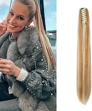 Dcbaboo 22inch Claw Clip in Ponytail Hair Extensions Long Straight Ponytail Extension Synthetic Pony tails Natural Wave One Piece Hairpiece Fake Ponytail for Women, Dark Blonde/Bleach Blonde