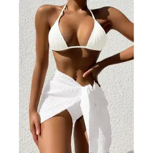 溫泉泳裝白色性感三件套比基尼網孔罩裙沙灘度假泳裝顯瘦游泳衣